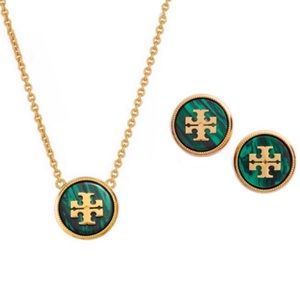 TORY BURCH • Green Malachite Stone Necklace Earrings Logo Matching Set